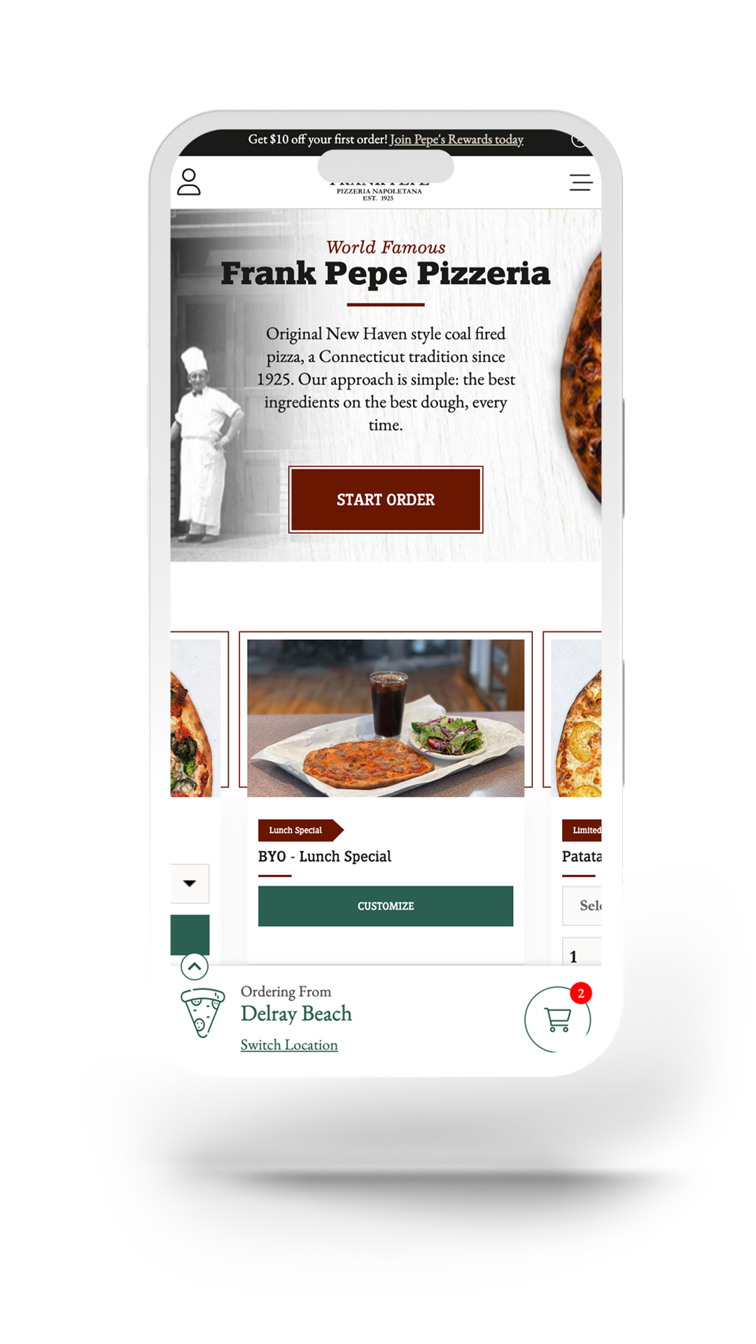 Frank Pepe's Pizzeria pizza restaurant online ordering flow design ux