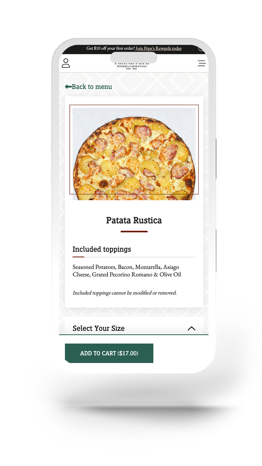 Frank Pepe's Pizzeria pizza restaurant online ordering flow design ux